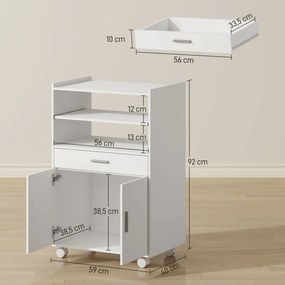 Carrinho de cozinha com rodas 59 x 40 x 92 cm, carrinho para micro-ondas com rodas, armário, gaveta e prateleiras, branco