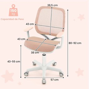 Cadeira giratória para crianças com altura ajustável, rodas com travão e apoios de braços. ergonómica rosa