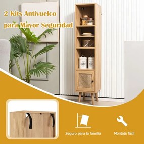 Armário de arrumação em rattan Armário de arrumação autónomo com porta Estante ajustável para sala de estar 29,5 x 29,5 x 137 cm Natural