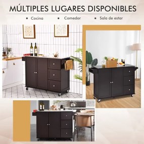 Carrinho de ilha de cozinha com bancada em aço inoxidável Estantes ajustáveis Gavetas 135 x 45,5 x 91,5 cm Castanho