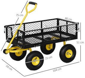 Carrinho de Jardim Carga 200 kg com Paineis Laterais Desmontáveis Guiador Giratório 180° e 4 Rodas  de Borracha Preto e Amarelo