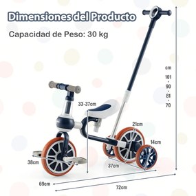 Triciclo infantil 2-4 anos Bicicleta sem pedais 4 em 1 com pedais reguláveis ​​em altura e rodas salientes 37 x 72 x 101 cm Azul