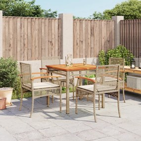 vidaXL 5 pcs conjunto de jantar p/ jardim com almofadões vime PE bege