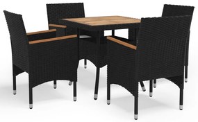 5 pcs conjunto de jantar p/ jardim vime PE/madeira maciça preto
