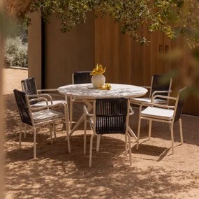 Conjunto De Mesa Redonda Valerie, 125 Cm De Diâmetro, E 6 Cadeiras De Jardim De Alumínio Alberta Com Braços. Tapioca Bege & Azul- Marinho - Sklum