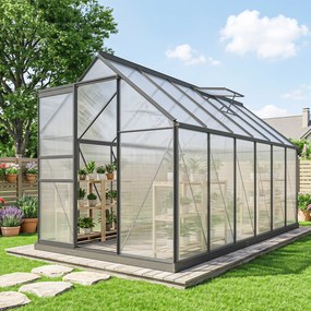 Estufa de jardim em alumínio e policarbonato com base, estufa com janela ajustável e porta de correr 190 x 375 x 199 cm
