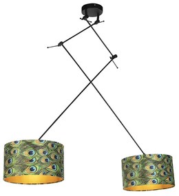 Candeeiro de suspensão preto com abajures de veludo azul-pavão com dourado 35 cm 2-luzes - Blitz Clássico / Antigo,Moderno