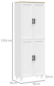 Armário de Cozinha com 4 Portas e Prateleiras Ajustáveis Anti-Tombo 60x30x170,5 cm Branco