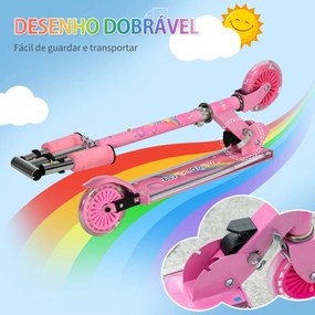Trotinete para Crianças Dobrável com Luzes e Música 4 Alturas Ajustável Rodas Brilhantes e Pedal LED 67x60x63-76 cm Rosa