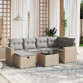 7 pcs conj. sofás jardim c/ almofadões vime PE bege misturado
