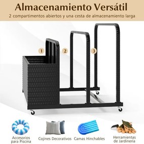 Organizador de armazenamento 100 cm x 100 cm x 94 cm Exterior para boias de piscina em vime para exterior Cesto caddy com rodas Preto