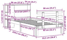 Cama com estante sem colchão 90x200 cm pinho maciço branco
