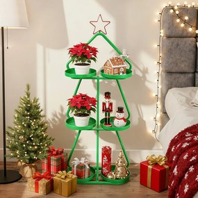 Suporte para plantas em forma arvore Natal 44 x 22,5 x 109,5 de 3 níveis em forma de árvore Estrela vermelha superior e estrutura metálica verde