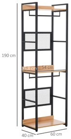 Cabide de entrada 2 em 1 com 3 prateleiras de armazenamento e 2 barras de cabide para corredor Quarto Sala de estar 60x40x190 cm Madeira natural preta