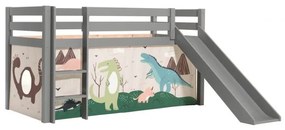 Cama alta de Criança PINO 90 x 200 cm + estrado + escada + escorrega + cortina Dinossauros Cinzenta