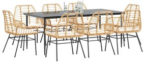 vidaXL Conjunto jantar jardim 9 peças almofadas vidro vime PE castanho