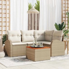 vidaXL Conjunto de Sofá de Jardim 5 Peças com Almofadas Bege em Rattan e Madeira de Acácia