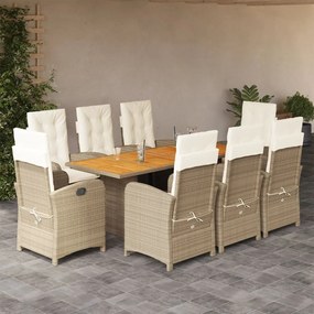vidaXL 9 pcs conj. jantar jardim c/ almofadões vime PE bege misturado