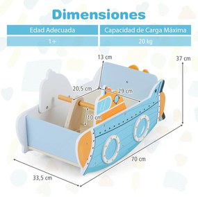 Barco baloiço de madeira de Madeira para crianças com mais de 1 ano 70 x 33,5 x 37 cm, com tema submarino, hélice giratória, Azul+Amarelo