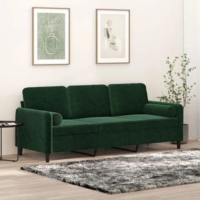 vidaXL Sofá 3 lug. c/ almofadas/almofadões 180 cm veludo verde-escuro