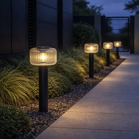 Balizador moderno para exterior preto com vidro canelado incluindo LED Solar IP65 - Ribble Mushroom
