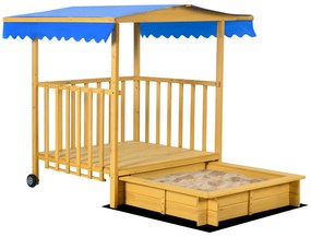 Outsunny Caixa de Areia para Crianças com Varanda Teto e Rodas Caixa de Areia Infantil para Crianças de 3-8 Anos 133x129x137,5 cm Madeira