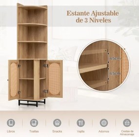 Armário de canto Rattan 172 CM Estante alta com 2 portas 4 prateleiras abertas Pernas ajustáveis Poupança de espaço Pernas ajustáveis Natural