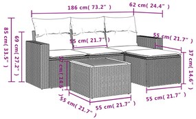 5 pcs conj. sofás jardim c/ almofadões vime PE bege misturado