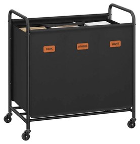 Cesto da roupa suja 170 L com rodas e 3 compartimentos Preto