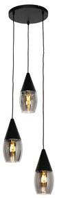 Candeeiro de suspensão moderno preto com vidro fumê 3 luzes - Drop Moderno