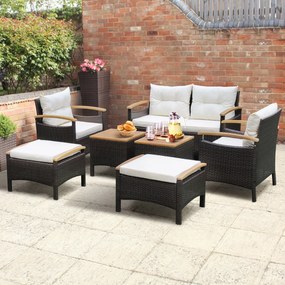 Conjunto de jardim de 7 peças em rattan com almofadas 2 Pufes e 2 mesas Tampo da mesa e apoios de braços Castanho misto e Branco