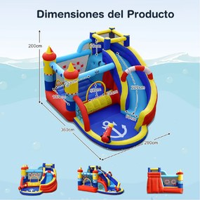 Castelo insuflável com compressor de 450 W Parque aquático infantil 6 em 1 com escorrega Área para saltar Piscina em forma de barco 360 x 290 x 200 cm