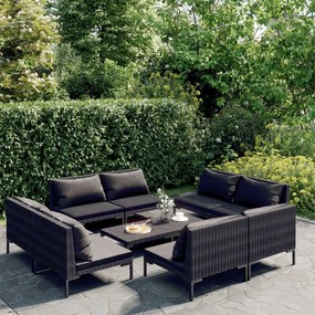 vidaXL 9 pcs conj. lounge jardim c/ almofadões vime PE cinzento-escuro