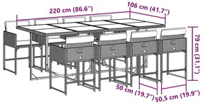 9 pcs conjunto de jantar p/ jardim c/ almofadões cinzento claro