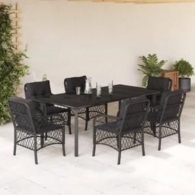 7 pcs conjunto de jantar p/ jardim c/ almofadões vime PE preto