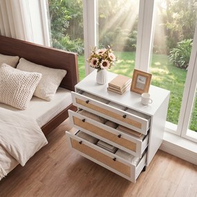 Cómoda de 3 Gavetas, 75 x 35 x 77,5 cm, Frentes com Imitação de Vime, Branco