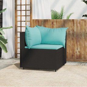 vidaXL Sofá de canto p/ jardim c/ almofadões vime PE preto