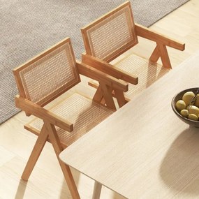Conjunto de 4 cadeiras de jantar em rattan com estrutura de bambu, costas em imitação de cana e apoios de braços para cozinha 50 x 52 x 81 cm Natural