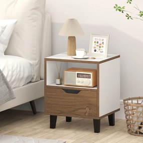 Mesas de cabeceira ou mesa de apoio moderna com gaveta Estante aberta para arrumação Pernas de metal Castanho + Branco