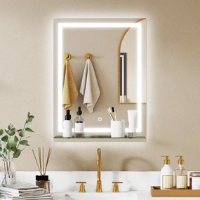 Espelho de Casa de Banho com Luzes LED 60x80 cm 3 Cores de Luz Brilho Ajustável Prateleira de Vidro Função de Memória Prata