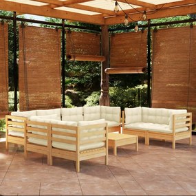 vidaXL 9 pcs conjunto lounge jardim c/ almofadões creme pinho maciço