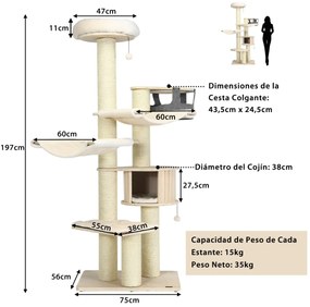 Arranhador de gato multinível de 197 cm, redes e cesto de jogo suspenso, casa de gato vertical branco