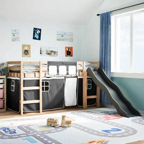 vidaXL Cama alta criança c/ cortina 80x200cm pinho maciço branco/preto