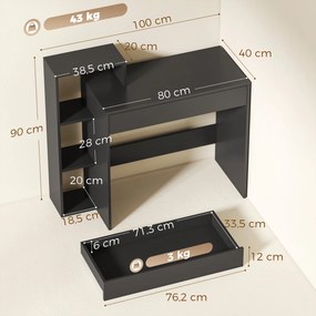 Secretária com arrumação 100 x 40 x 90 cm, secretária para computador com 3 prateleiras e uma gaveta, preta