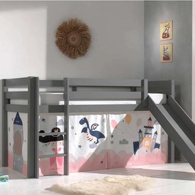 Cama alta de Criança PINO 90 x 200 cm + estrado + escada + escorrega + cortina Princesa Cinzenta