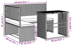 Sofá de jardim forma de L c/ mesa e almofadões vime PE castanho