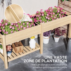 Floreira com pés, floreira, para horta, com 2 compartimentos, prateleira inferior, 207 x 59 x 78 cm, madeira natural