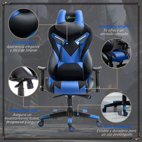 Vinsetto Cadeira de Gaming Ergonômica Cadeira Gamer Giratória com Altura Ajustável Apoio para o Braço Apoio para a Cabeça e Almofada Lombar Removíveis 72x77x127-13cm Azul
