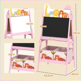 Quadro infantil com cavalete, dupla face, com 2 caixas de arrumação, para crianças dos 3 aos 8 anos, 49 x 53,5 x 113 cm, cor-de-rosa