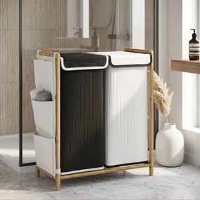 Cesto de Roupa Suja com Tampa 120L de Bambu com 2 Compartimentos Sacos com Cordão Bolsos Laterais Branco e Preto